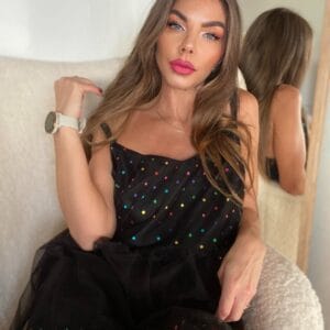 Dress with tulle ruffle and colorful polka dots