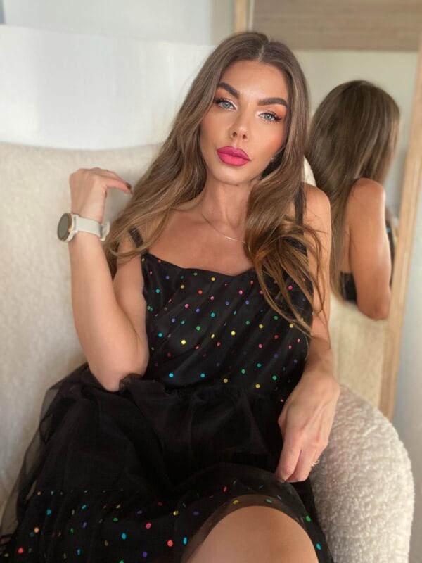 Dress with tulle ruffle and colorful polka dots