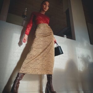 Satin Leopard Print Midi Skirt with Side Zipper