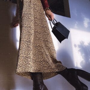 Satin Leopard Print Midi Skirt with Side Zipper