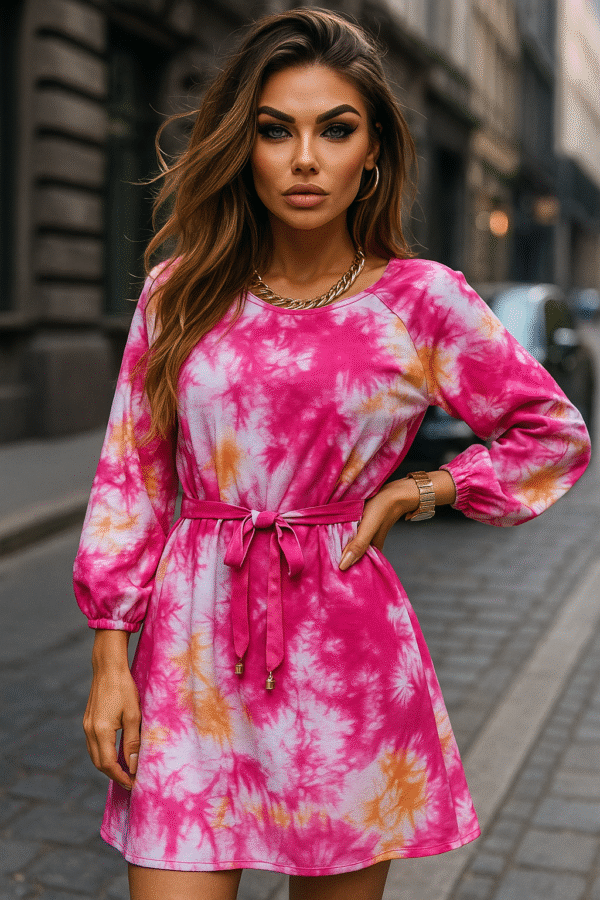 Sukienka tie-dye z wiązaniem w talii – detal