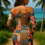 Kobieta w kolorowej sukience pod palmami