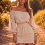Beżowa tunika damska z koronkowym paskiem – Sensual Woman